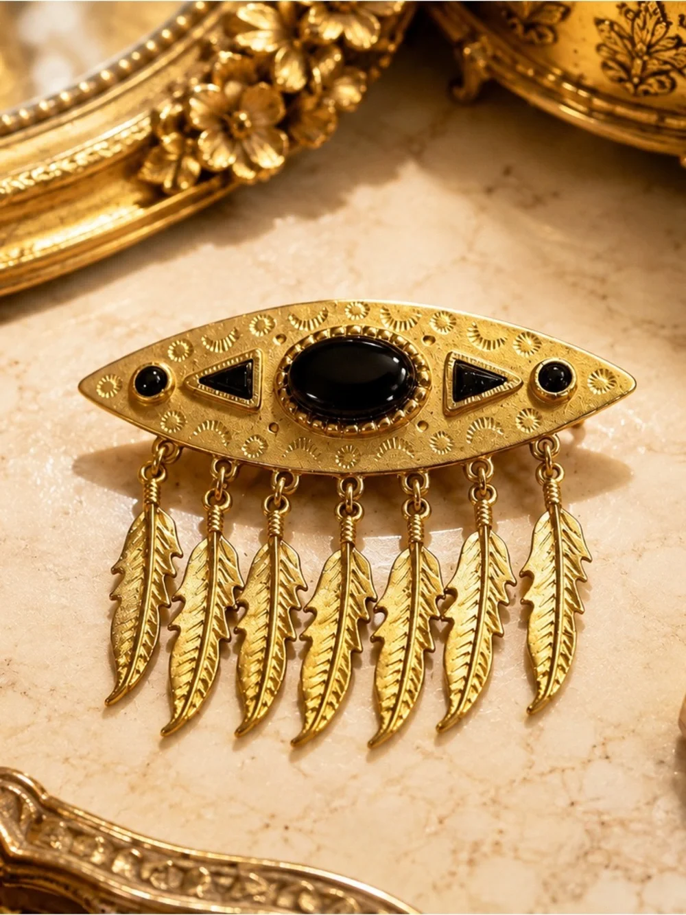 Vintage JJ 1988 Southwest Gold and Black Feather Dangle Brooch